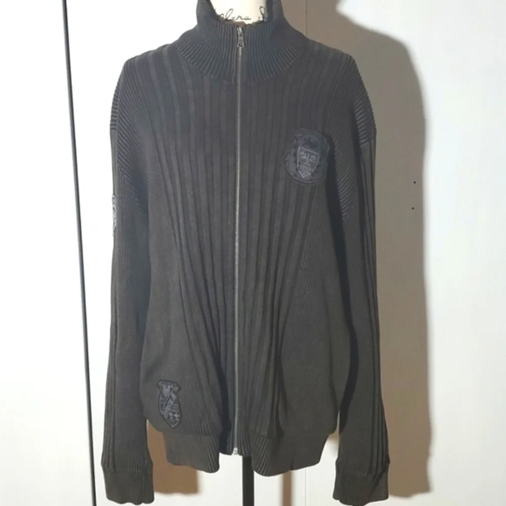 Inc| Mens Dark Gray Sweater Coat Zip Ribbed Neutral Side Pockets Faux Fur SZ.XL
